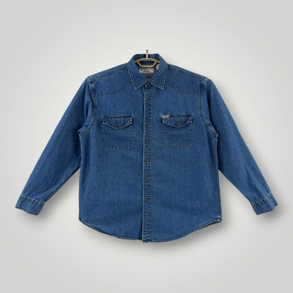 Levi Strauss Signature Western Shirt Mens L Blue Denim Snap Button Cotton Cowboy